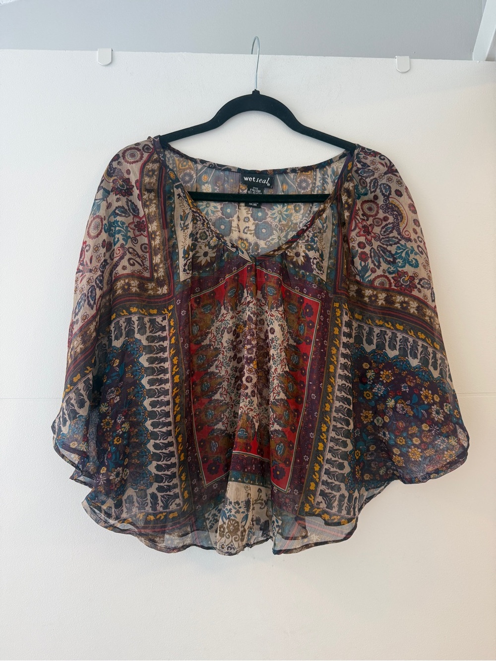 Wet Seal Y2K Boho Sheer Patchwork Poncho Cape Top Size L